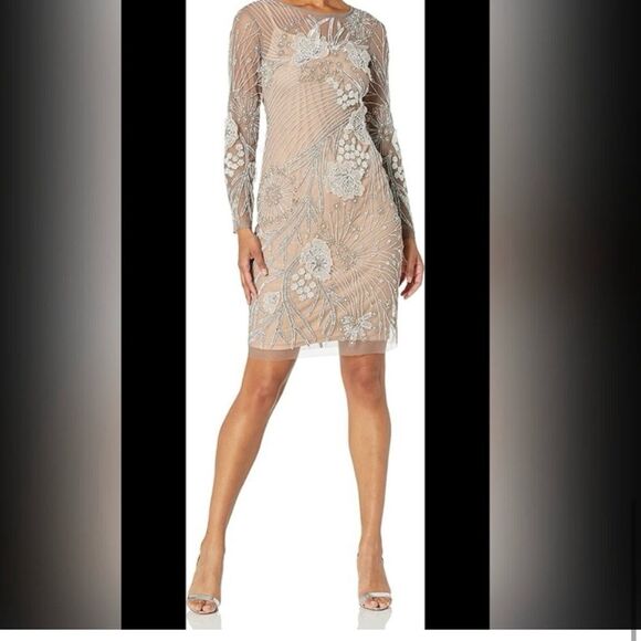 Adrianna Papell Dresses & Skirts - Adrianna Papell Lace Dress Sparkly Silver Tan Beaded Floral Embroidery Women 14